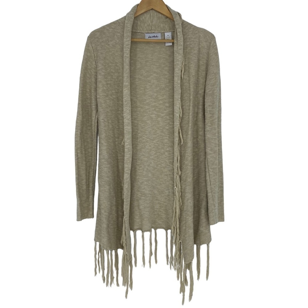 Le Moda oatmeal cream tan fringe knit long sweater cardigan women's size medium